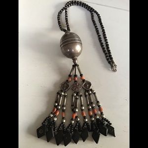 Antique Berber Silver Coral Jet Tassel Necklace